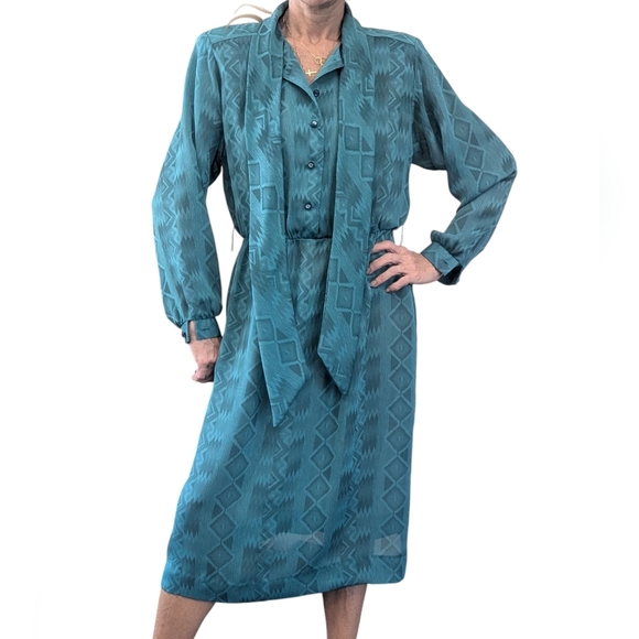 VINTAGE Petites By Willi Sheer Monochrome Belted Blouson 80s Fashion Midi Dress - Picture 2 of 12